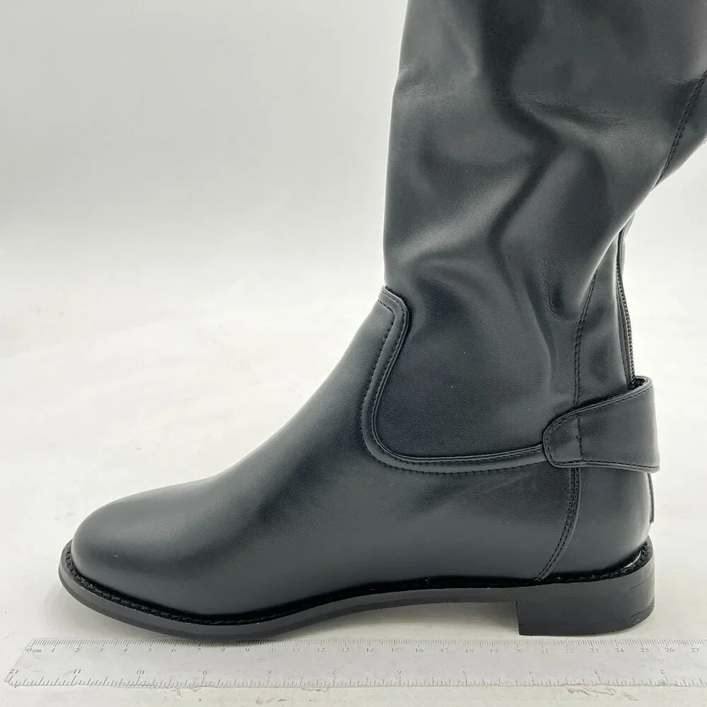 Black Women Regular Round Toe Riding Knee High Boots Wide Calf Back Zipper Shoe
